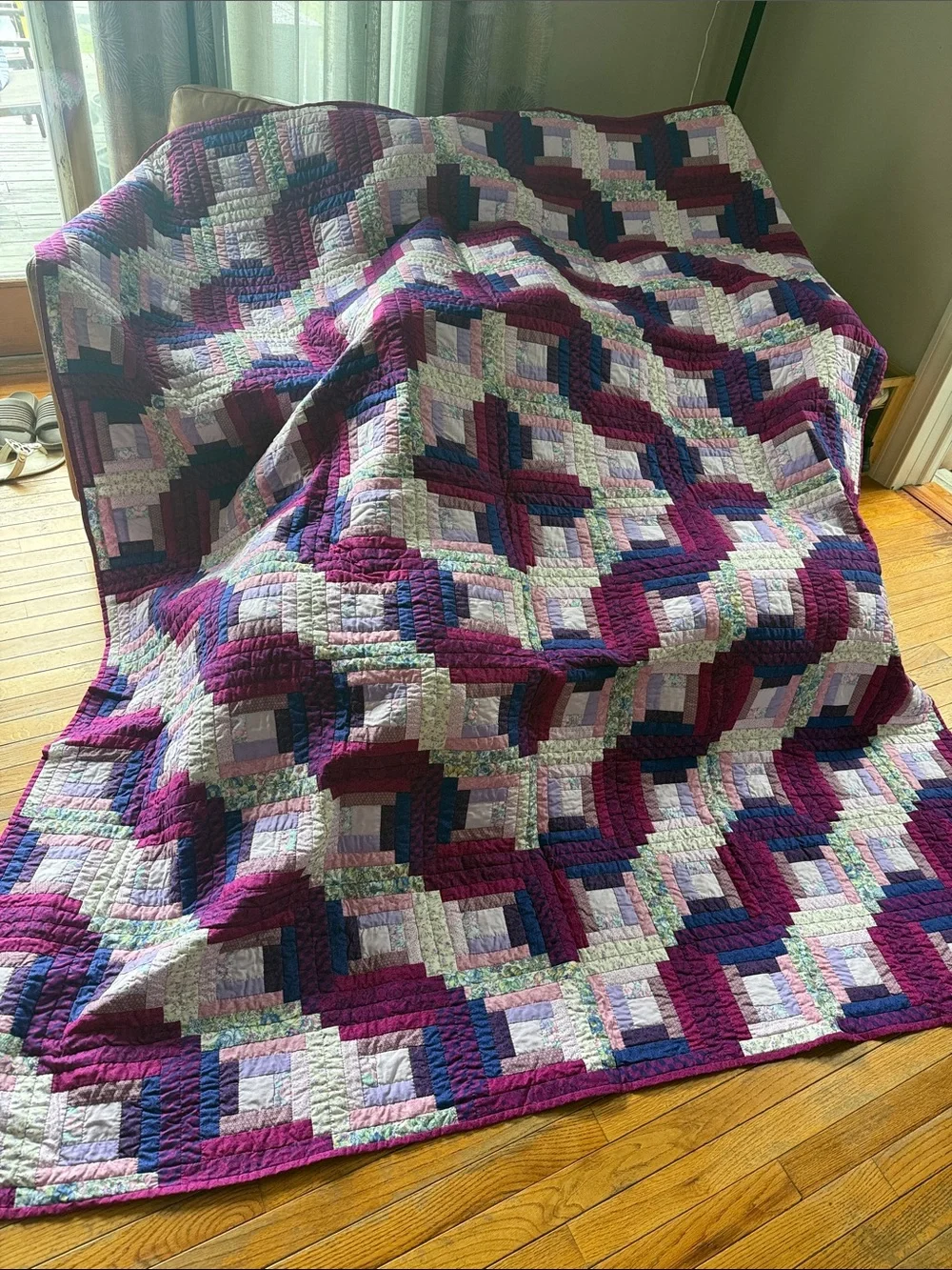 Handmade Purple and White Log Cabin Quilt - Classic Home Bedding